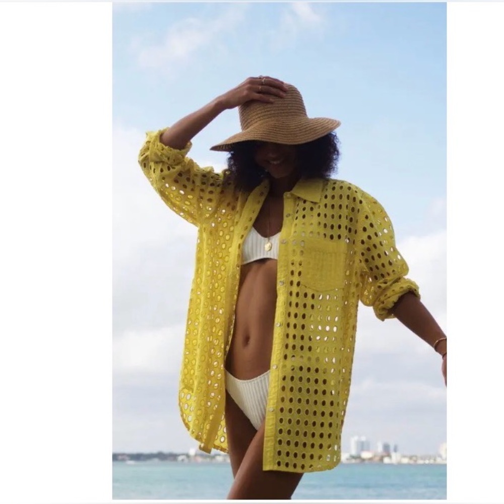 Solid & Striped Oxford Eyelet Tunic Coverup Mini Dress Long Sleeve Citron XS
